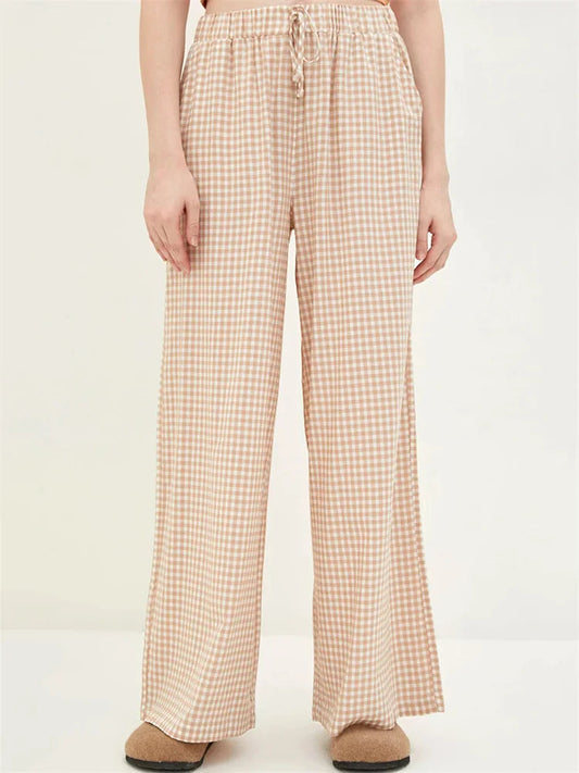 Plaid High-Waisted Drawstring Wide Leg Streetwear Pant