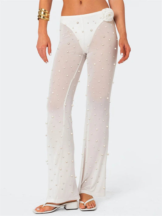 Pearl Patchwork Mesh See-Through Elastic Waist Pant