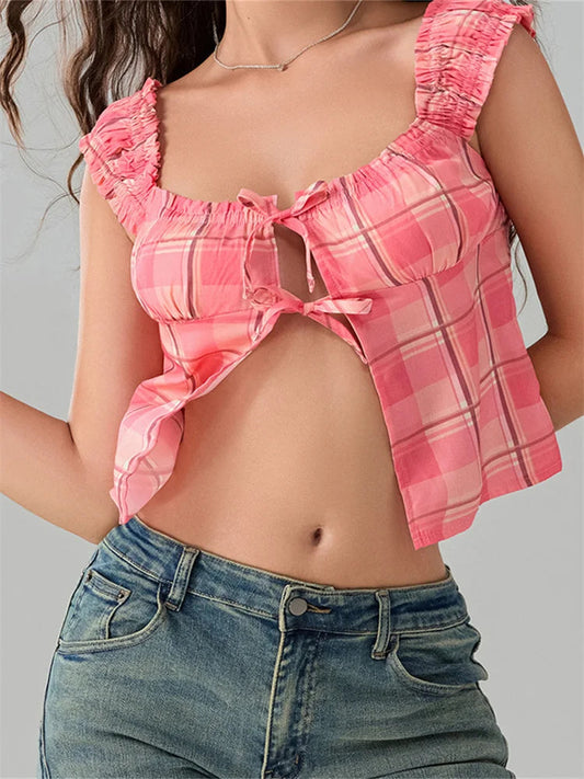 Plaid Round Neck Front Split Sleeveless Crop Top