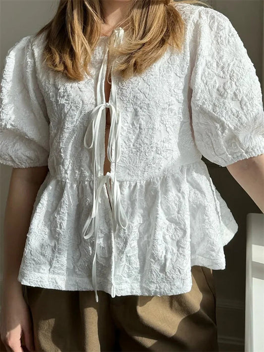 Flower Ruched Front Tie-Up Bloshope