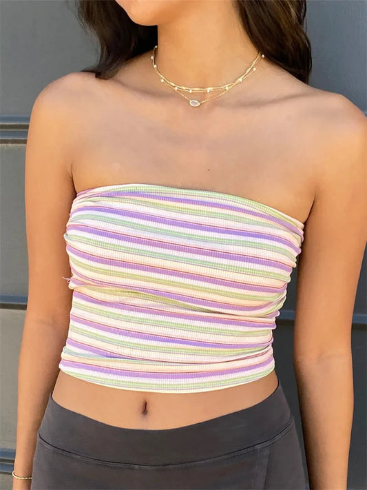 Striped Off Shoulder Strapless Tube Crop Top