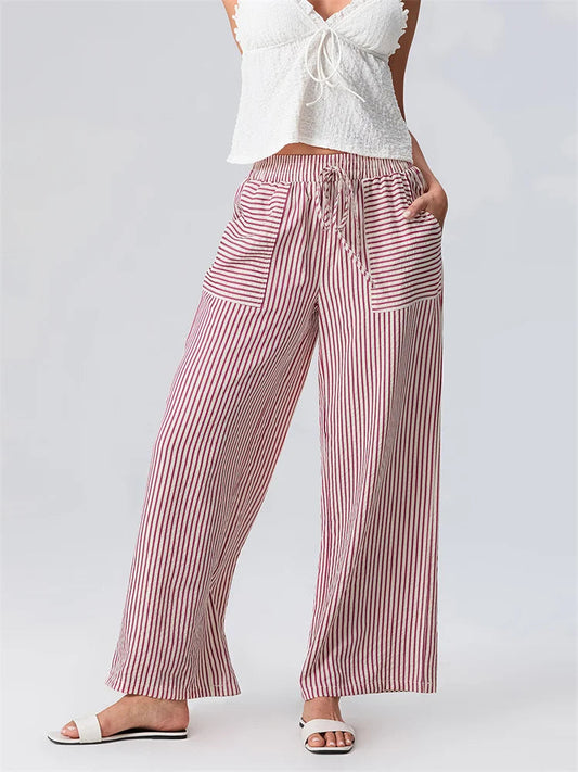 Striped Wide Leg Elastic Waist Loose Street Pant