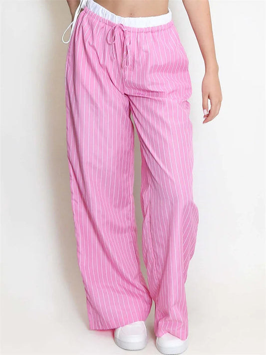 Striped Patchwork Drawstring High Waist Pant