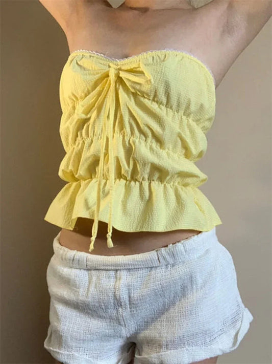 Strapless Plaid Ruched Backless Tube Crop Top