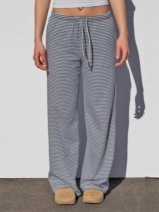 Wide-Leg Striped Drawstring Elastic Casual Sweatpant