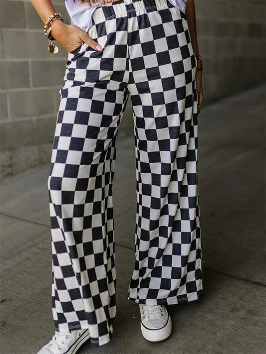 Plaid Print Wide Leg Elastic Waist Casual Pant