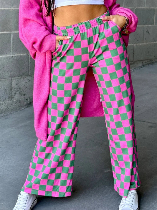 Plaid Print Wide Leg Elastic Waist Casual Pant
