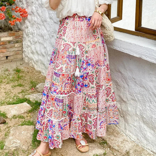 High Waist Floral Beach Skirt Lace Patchwork Chic Cotton Maxi