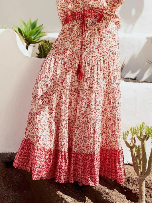 Low Waist A-line Beach Skirt Floral Red Maxi Ruffled Holiday