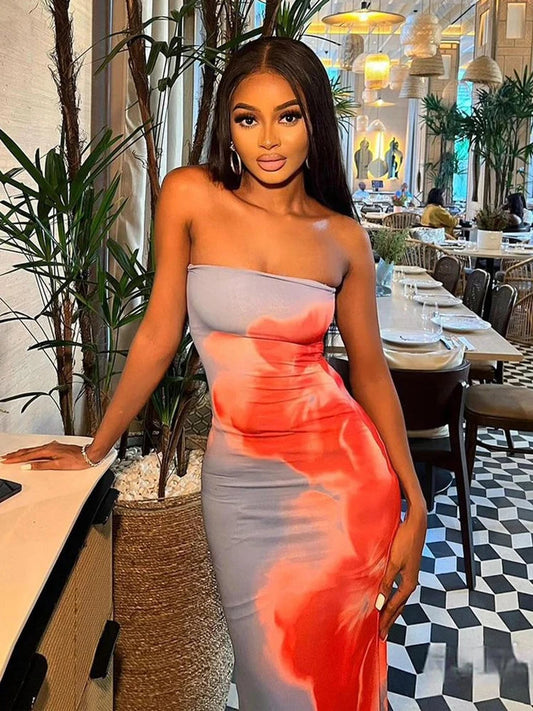 Chic Floral Strapless Midi Split Backless Dress