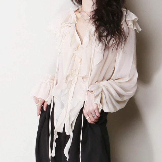 Chiffon Ruffles Bow Tie Long Sleeve Boho Bloshope