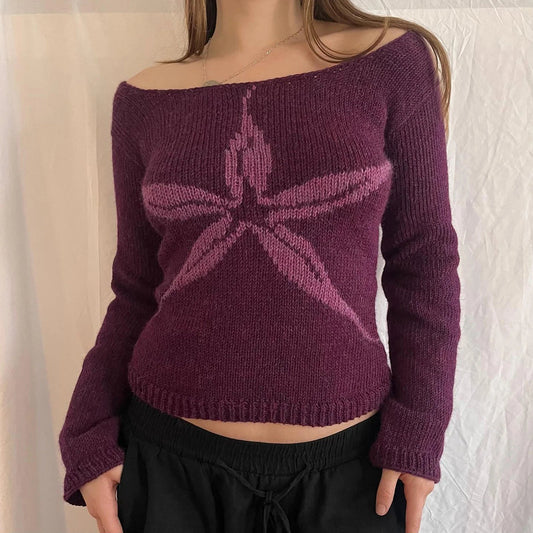 Y2K Off Shoulder Bow Graphic Pullover Knit Top