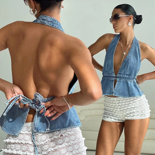 Bow Tie-Up Denim Crop Top