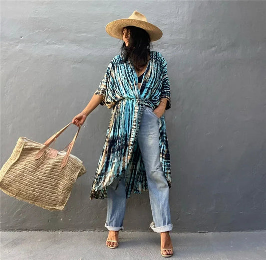 Cotton Rayon Striped Print Cardigan Boho Beach Cover up