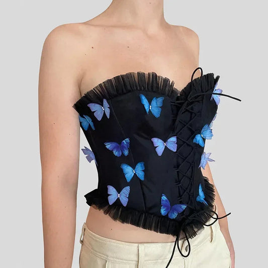 Colorful Butterfly Appliques Mesh Ruffle Crop Top