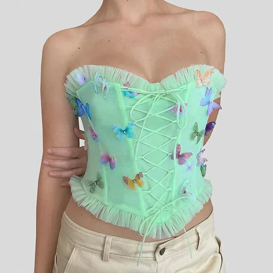 Colorful Butterfly Appliques Mesh Ruffle Crop Top