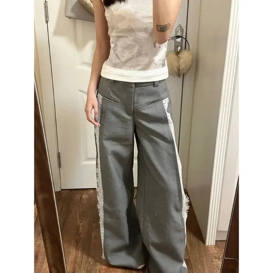 Gray Lace Y2K Women Suit Wide Leg Pants