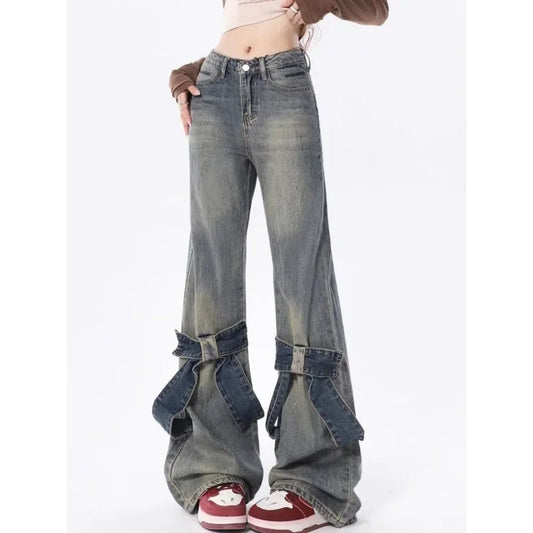 Flare Jeans Women Bow Patchwork Pants