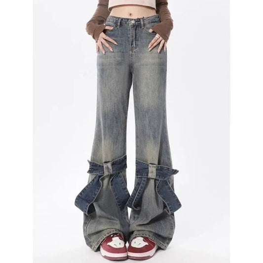 Flare Jeans Women Bow Patchwork Pants