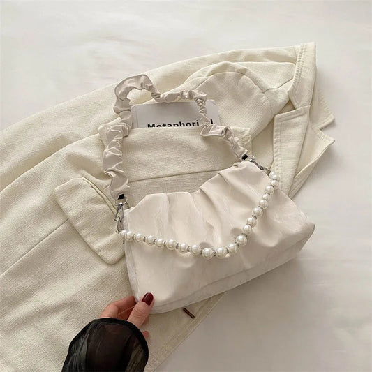 French Beaded Chain Pleated Underarm Crossbody Handbag