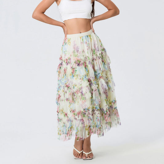 Early Fall Floral Print Ruffle Mesh Skirt Women A-line Midi