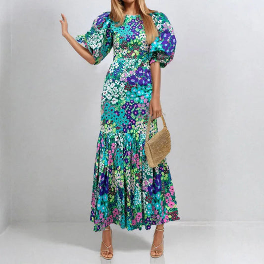 Elegant Blue Floral Lantern Sleeve Dress