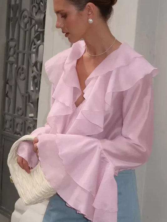 Ruffles V Neck Pink Chiffon Bloshope