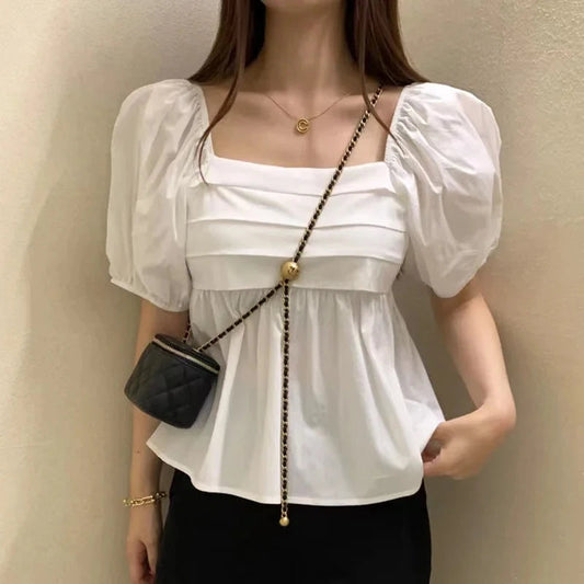 Square Neck Puff Sleeve Casual Pleated White Bloshope