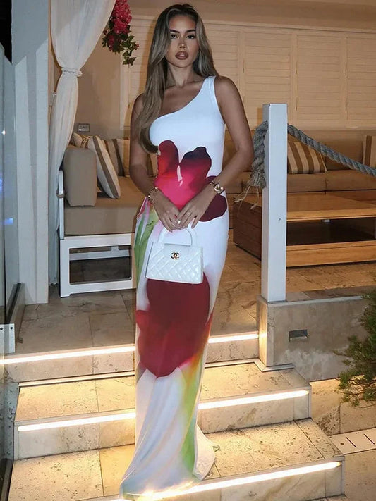 Elegant One Shoulder Backless Maxi Floral Dress
