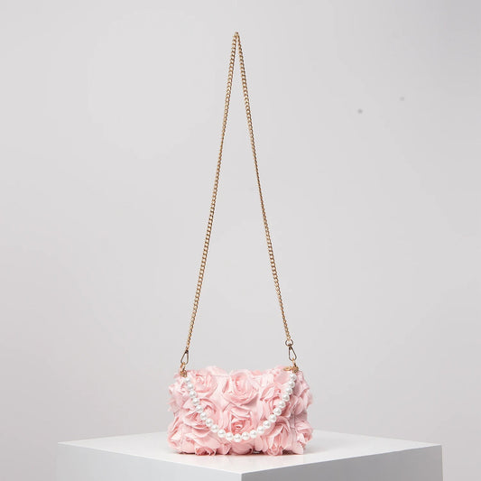 Elegant Rose Flower Faux Pearl Metal Chain Clutch Bag