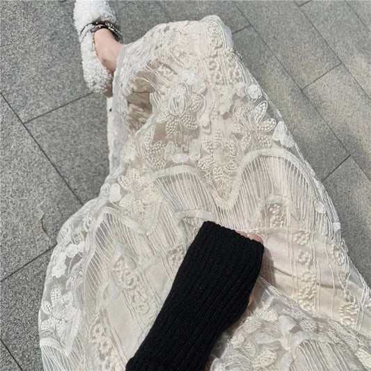 Embroidered Flower Lace High Waist Boho Skirt