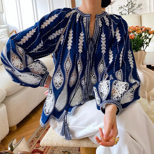Blue Embroidery Lantern Sleeve Ethnic Boho Bloshope