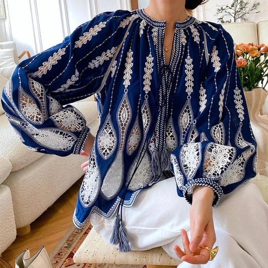 Blue Embroidery Lantern Sleeve Ethnic Boho Bloshope