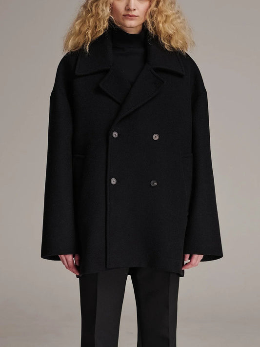 Black Lapel Slim Single-Breasted Overcoat