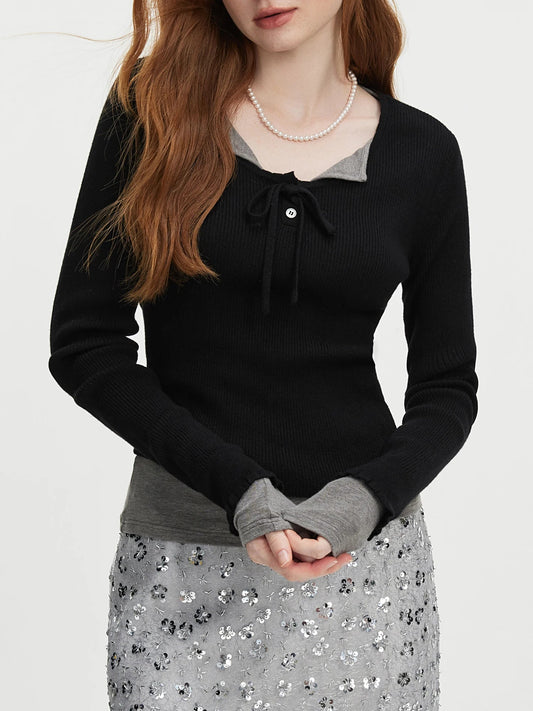 3.9% Wool U - Neck Lace - Up Slim Sweater
