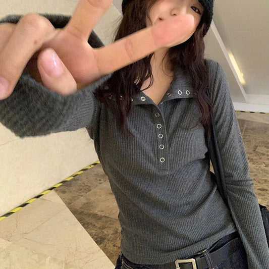 Fall Winter Ribbed Button Up Knit Pullover Knit Top