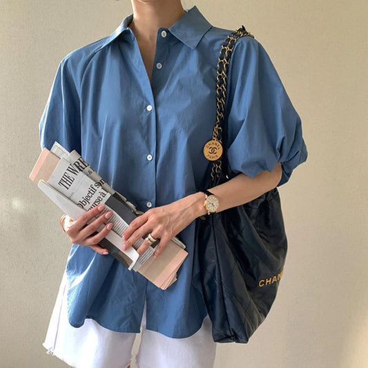 Blue Puff Sleeve Casual Loose Summer Shirt