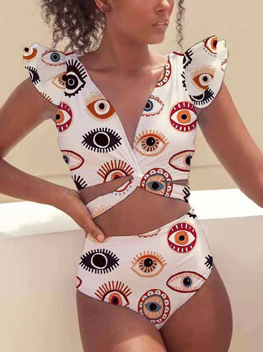Deep V Eyes Print Chest Strap One Piece