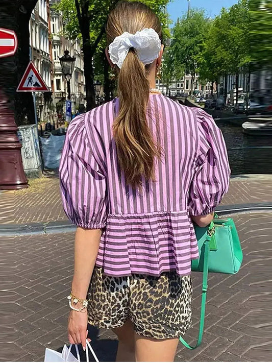 Lace Up Striped O-neck Loose Short Sleeve Bloshope