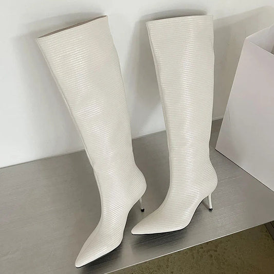 Fashion Pointed Designer Modern Party Western Long Thin Low Heel Knee High Boot