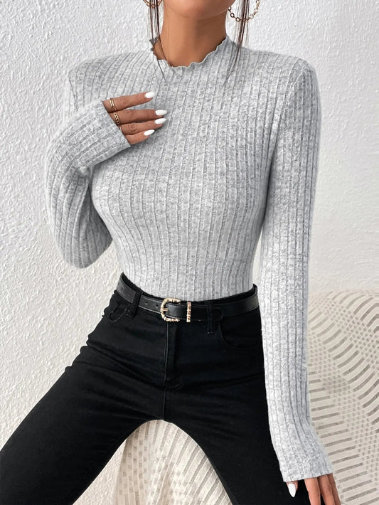 Slim Ruffle Neck Lace Mid-Collar Striped Sweater Knit Top Women