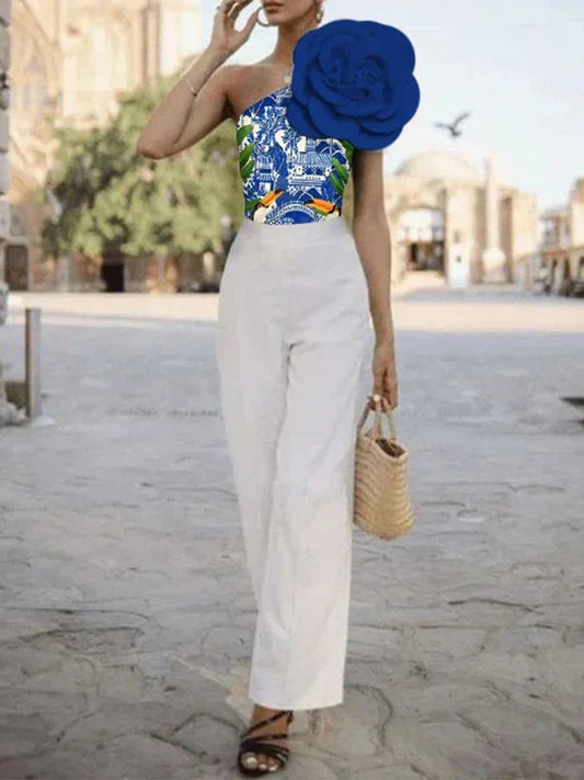 Blue Floral Decoration One Piece Swimsuit