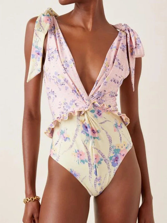 Pink Yellow Floral Lace One-Piece Swimsuit