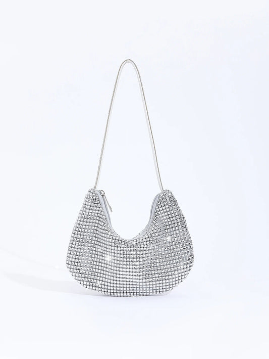 Shiny Rhinestone Zippered Solid Evening Clutch Bag