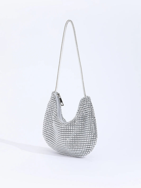 Shiny Rhinestone Zippered Solid Evening Clutch Bag