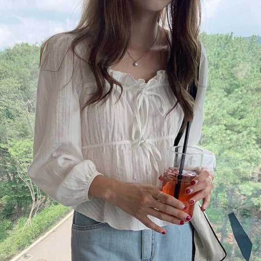 Vintage Loose White Ruffled Long Sleeve Bloshope