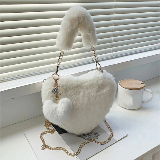 Heart-shaped Faux Fur Plshoph Small Crossbody Handbag
