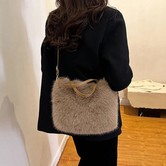 Faux Fur Plshoph Bucket Tote Winter Crossbody Shoulder Handbag