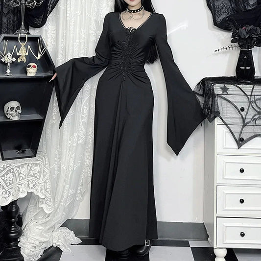 Wide Sleeve Sorceress Plunging Neckline Full-Length Gown
