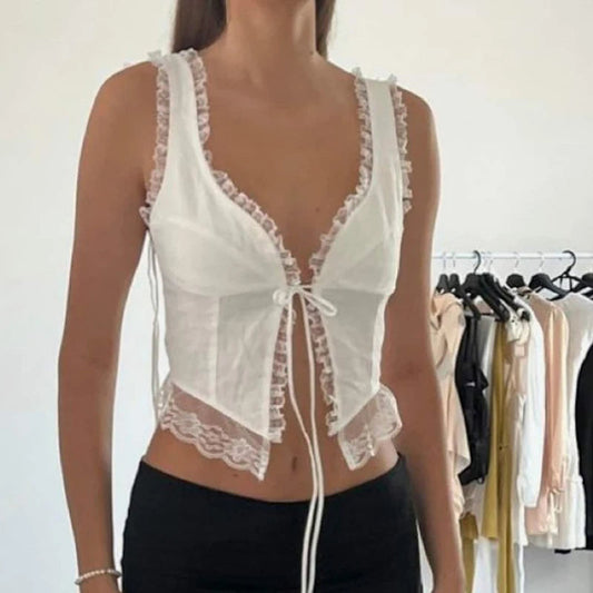 Lace Tie-Up Navel Crop Top